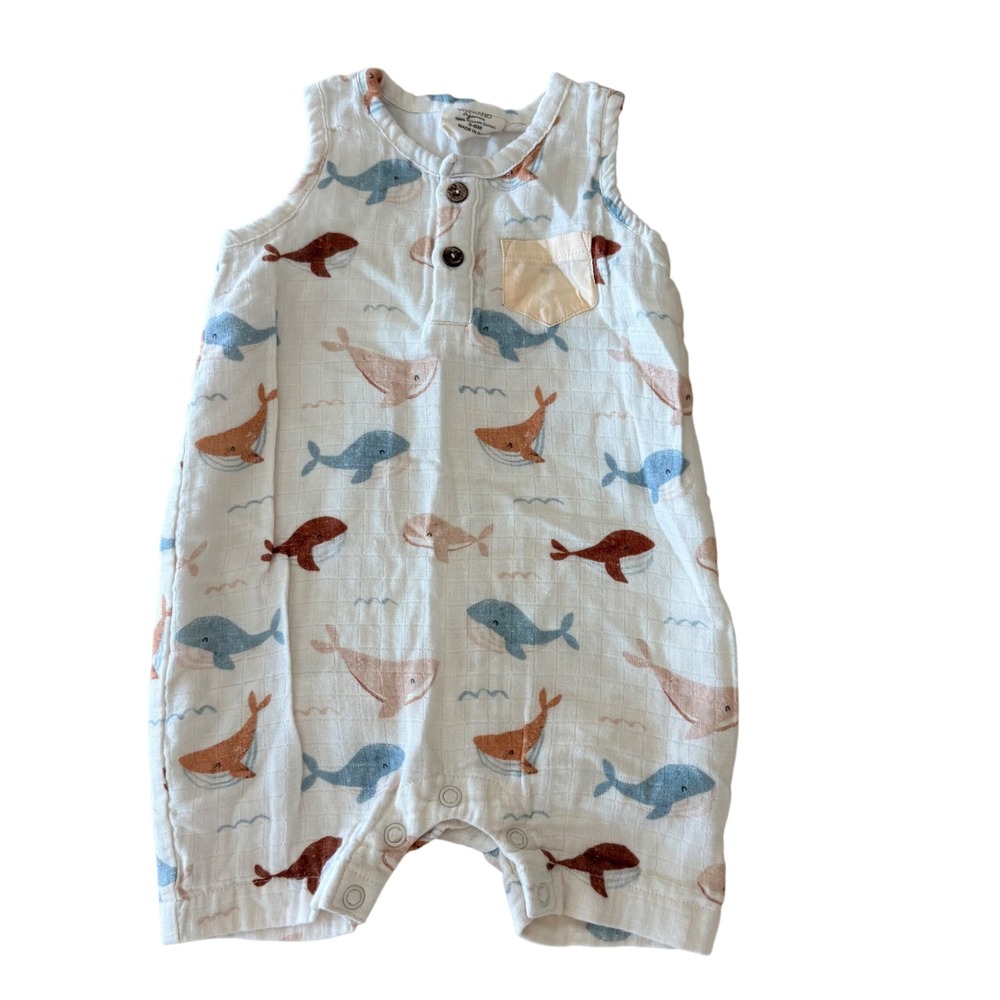 Viverano Organics Whale Print Muslin Romper 3-6M Organic Cotton Sleeveless